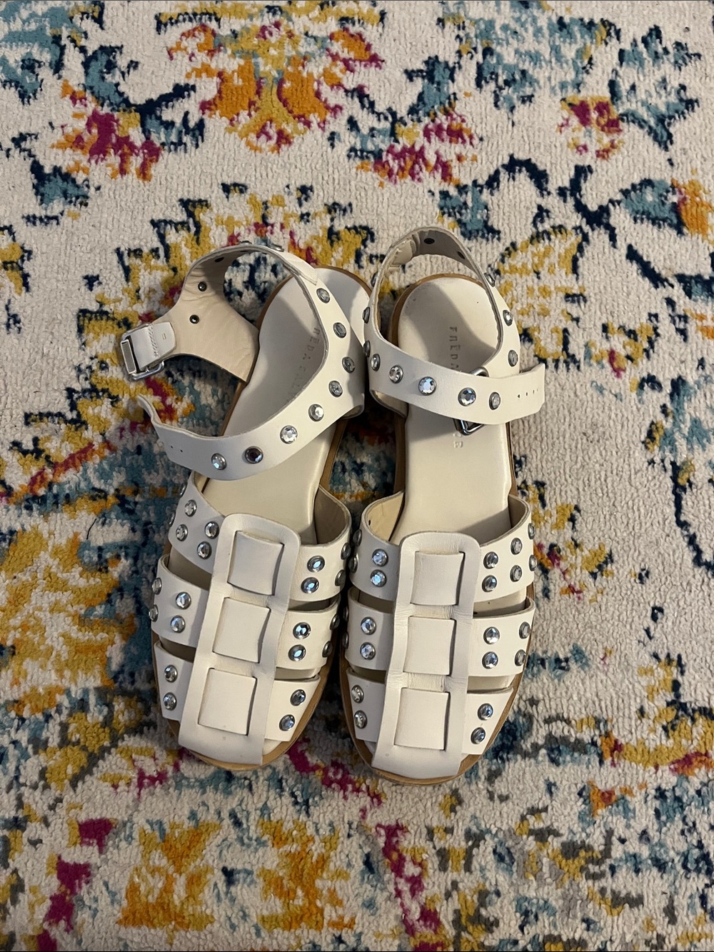 Freda Salvador White Jeweled Ankle-Strap Sandals